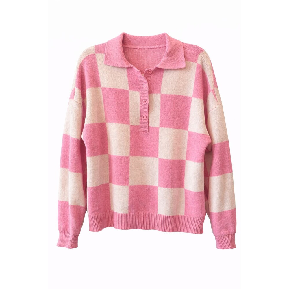 Pink Checkerboard Sweater Collared Knit Preppy Soft Girl Pullover